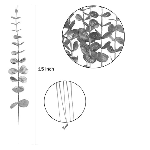 ABAJI 24 PCS Eucalyptus Stems Plastic Vivid Leaf Decorations Artificial Leaves Fake Faux Greenery Plant for Home Office House Table Desk Decor Wedding or Party Vase Forever Live - color: Silvery