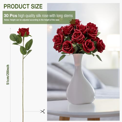 Thiccywoov 30 Pcs Rose Artificial Flowers in Bulk Lifelike Long Stem Silk Roses Bouquets Realistic Faux Flowers for Wedding Bridal Shower Home Decor Floral Arrangements Table Centerpiece(Burgundy) - color: Burgundy