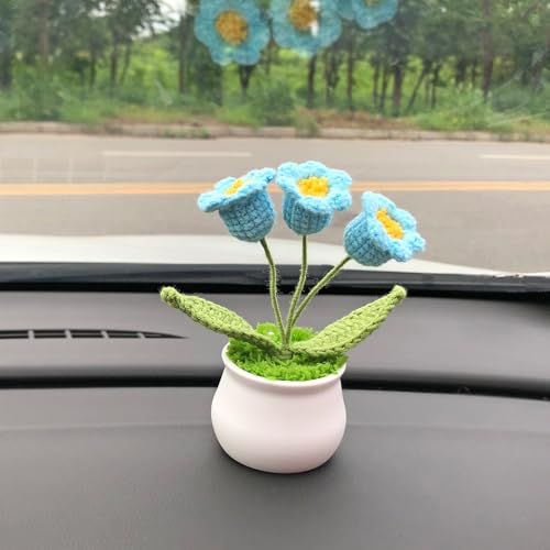 Joekaran Crochet Flowers Cute Little Potted Flower, Gift for Birthday, Teacher’s Day, Graduation, Anniversary, Christmas, Decor for Car Dashboard,Home Office Decoration (Blue Lily of the Valley) - color: Blue Lily of the Valley