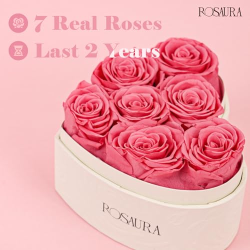 Rosaura Heart-Shaped Preserved Roses Gift Box - Real Forever Flowers for Christmas, Birthday, Valentine's & Mother's Day (pink, 7 roses) - color: Pink, size: 7 roses