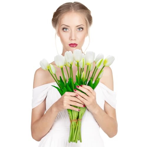 4 Budles (20Pcs) White Tulips Artificial Flowers 13" Latex Fake Flowers for Wedding Home Decor(White) - color: White