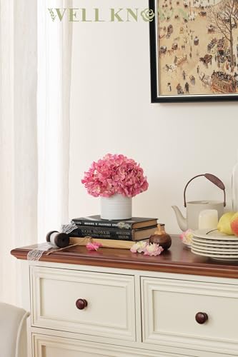 Pink Hydrangea Fake Flowers in Vase, Spring Artificial Flowers with White Ceramic Vase, Small Faux Potted Floral Arrangements for Home Bathroom Kitchen Vanity Shelf Coffee Table Centerpiece Decor Gift - color: Hydrangea, Pink