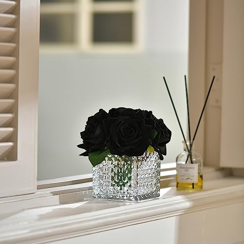 Fule Artificial Silk Rose Flower Centerpiece Arrangement in Glass Vase with LED Light for Home Wedding Decoration (Black) - color: Black