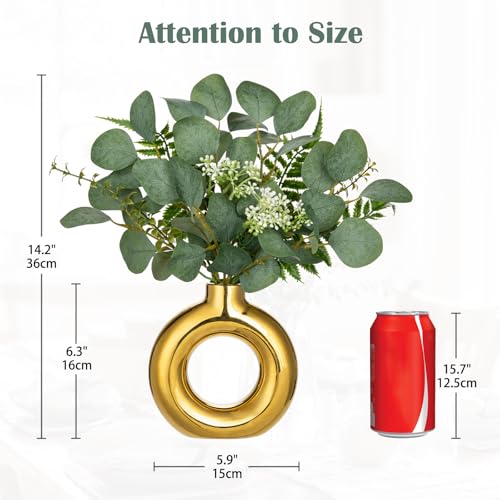 Artificial Eucalyptus Stems in Ceramic Vase 14.23" Fake Eucalyptus Plant Decor Gold Donut Vase with Greenery Centerpiece Table Decorations Small Faux Green Plant for Home Farmhouse Wedding Table Decor - color: Gold