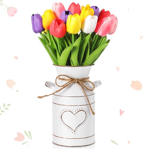 Uiifan 19 Pcs Spring Easter Centerpieces for Tables Home Office Decoration 18 Fake Artificial Tulip Flower Faux Realistic PU Bouquet with 1 Metal Pot Vase for Wedding Baby Shower(Bright Color) - color: Bright Color