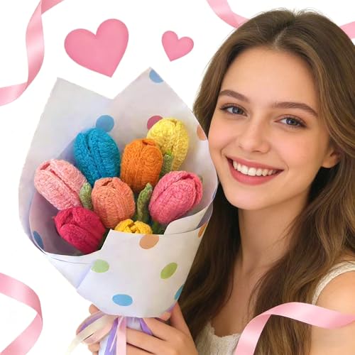 Colorful Tulips Crochet Flowers Bouquet Handmade Knitted Artificial Flowers Home Decor - color: Flowers001