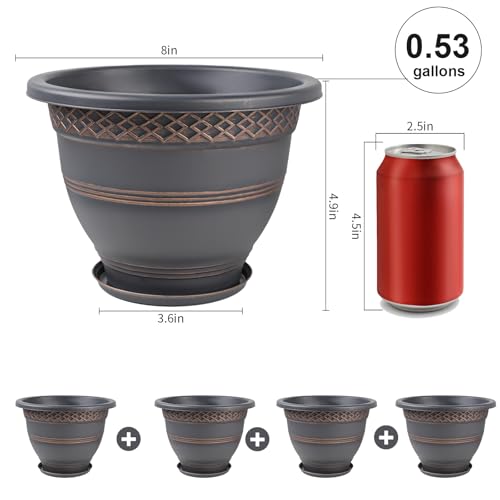 Usocik 8 Inch Plaid Plant Pots 6 Pack with Drainage and Saucers Copper | Copper plaid PP pots with drainage holes and saucers for herbs succulents starter plants shelves windowsills - color: Copper, size: 8 Inches-6 packs