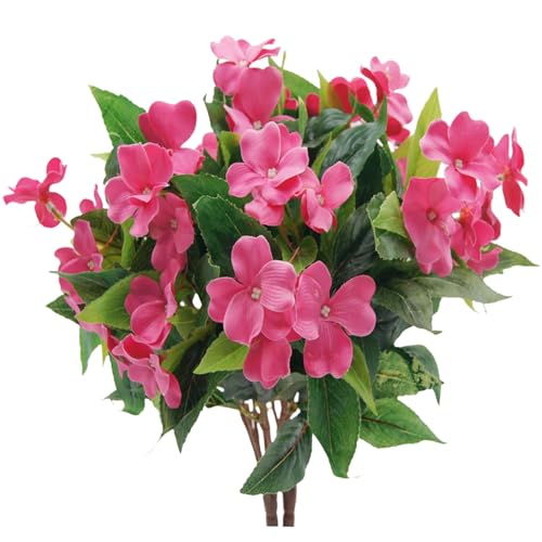 FERIAL Artificial Impatiens Bouquet Faux Impatiens Bushes Rosered for Outdoors Pot Hanging Basket Porch Patio Lawn Garden Wedding Decoration - color: Rose Red