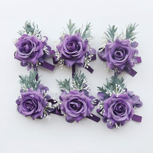MAFELOE 2 Pieces Boutonniere Wrist Corsage Set, Artificial Rose Flowers Men Women Bride Groom Wedding Prom Party Suit Decor - Dark Purple