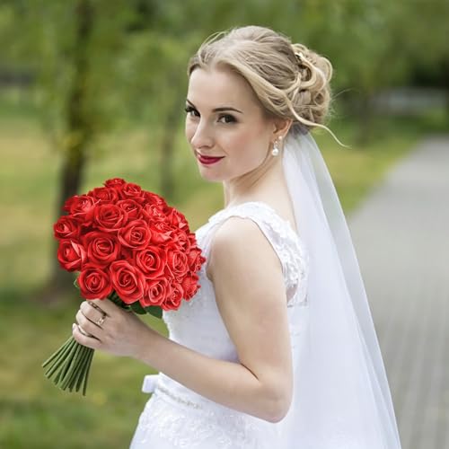 Rose Artificial Flowers Velvet Bouquet with Long Stem Real Touch Fake Roses Florals for Bridal Wedding Bouquet Party Arrangement Centerpiece Decorations (36, Red) - color: Red