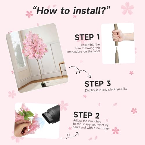 6FT Pink Artificial Cherry Blossom Tree, Realistic Potted Faux Cherry Tree, Silk Flower Fake Tree, Artificial Plants for Home Office Wedding Party Indoor Outdoor Front Door Decoration - size: 6FT