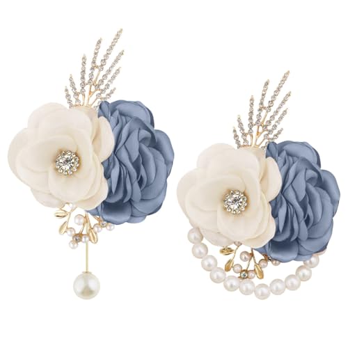 Satin Rose Corsage and Boutonniere Set for Bride Groom Bridesmaids Groomsmen Wedding Homecoming Flowers Prom Party Suit Accessories (Dusty Blue) - color: Dusty Blue