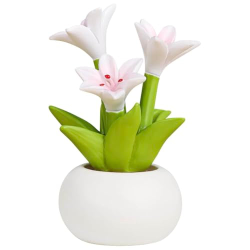 Resin Lily Flower with Pot Mini Artificial Lily Potted Plant Resin Flowers Figurines for Car Dashboard Bathroom Home Office Kitchen Rustic Table Centerpiece Shelf Decor,White - color: Lily