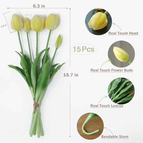 mizii 15Pcs Yellow Tulips Artificial Flowers Latex Plastic Real Touch Fake Tulips Flowers Look Real Faux Tulip Flower Bouquet Decoration for Vase Room Table Centerpieces Home Decor (Yellow) - color: Yellow