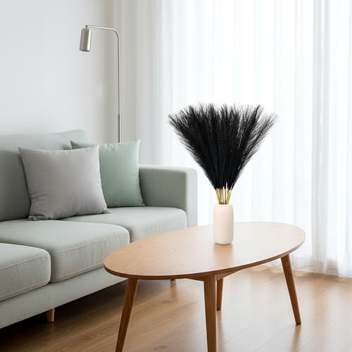 Ptwola 30pcs Black Pampas Grass Decor 17.7 Inch Fluffy Faux Pampas Grass Artificial Dried Flower Bouquet Small Vase Filler Home Decor for Gothic Living Room Decoration Wedding Halloween Party Wall