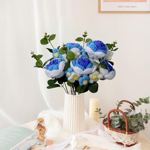 Foyucool Crochet Flower Bouquet, Blue Handmade Knitted Flowers with Gift Bag, Blue Roses Daisies for Mother's Day Anniversary Birthday Graduation Valentine's Day - color: Blue White