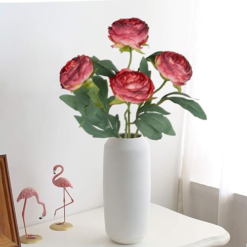 Peonies Artificial Flowers,6PCS Vintage Fake Red Flowers 19.7" Silk Flowers with Stems for Wedding Bridal Bouquet Home Party Office Decoration(Red) - color: Red