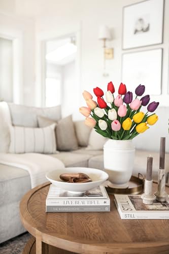 24 Pcs Artificial Tulips Flowers Mixcolor Real Touch Fake Tulips Fake Flowers for Mother's Day 13.5" Faux Tulips Faux Flowers Bulk Artificial Tulips Flowers for Vase Centerpieces Home Wedding Bouquet - color: Mixcolor Style6 #24