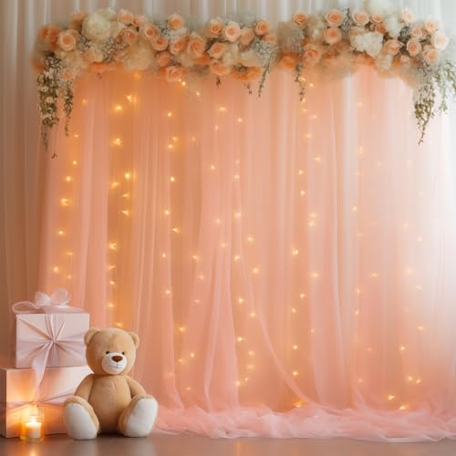 10ft x 10ft Peach Backdrop Curtain Panels with Lights String for Parties, Sheer Tulle Wedding Photo Backdrops Drapes for Baby Shower Birthday Party Decorations Background for Photography - color: Peach, size: W5' x H10'(2 panels)