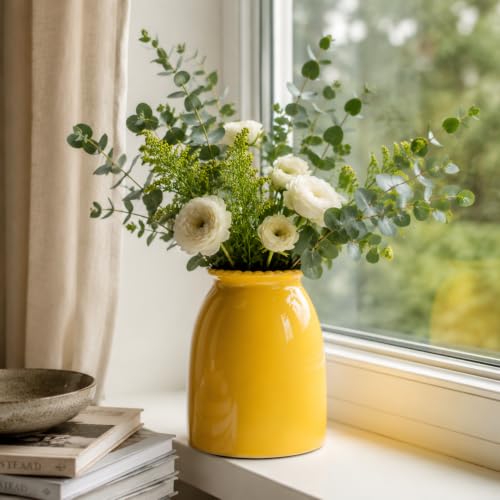 hjn Yellow Ceramic Vase Modern Minimalist Table Centerpiece, Round Smooth Flower Holder for Living Room, Shelf, Mantel, Wedding & Home Decor-8.3" H - color: Yellow-8.5inch