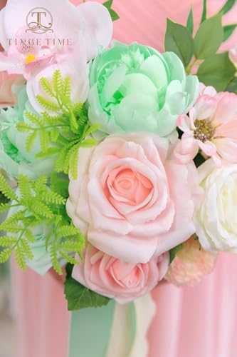 TINGE TIME 7 Inch Artificial Flowers Wedding Bouquets for Bridesmaid, Set of 4, Mint Green & Pink Bride Tossing Bouquet for Rustic Wedding Ceremony Bridal Shower Rehearsal Dinner Vintage Party - color: Mint Green & Pink