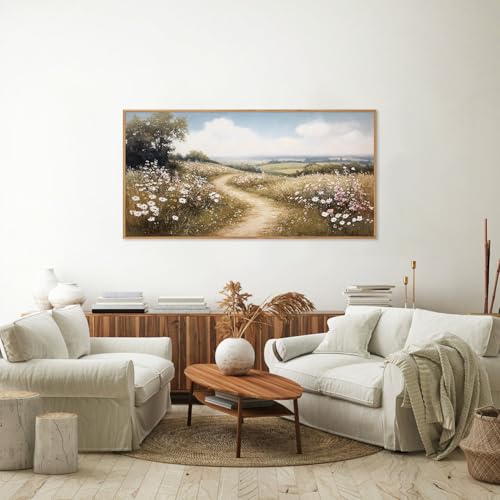 Rantodecor Rustic French Country Framed Canvas Wall Art, Vintage Flower Field Wall Decor, Calming Nature Landscape Art Paintings, Modern Wildflower Artwork for Farmhouse Bedroom Living Room 40"x20" - color: Rustic French Country, size: 40"L x 20"W