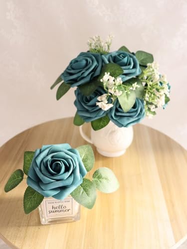Artificial Flowers 50PCS Real Looking Dark Teal Roses Fake Roses with Stem for DIY Wedding Bouquets Centerpieces Party Baby Shower Home Decorations - color: Dark Teal, size: 3"/50pcs