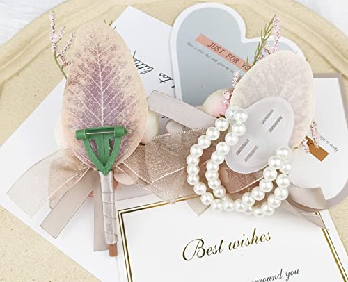 MAFELOE Wrist Corsage & Boutonniere Set, Creamy+Brown+Pink, 2 Pieces | Artificial Flowers, For Groom Bride Groomsmen Bridesmaids, Wedding Party Prom Suit Accessories