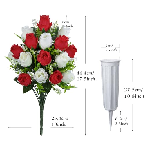 XONOR Artificial Cemetery Flowers for Grave Decorations, Artificial Memorial Roses Flowers Bouquet with Vase for Cemetery Headstones Decoration, 2 Sets (Red&White) - color: Red&white