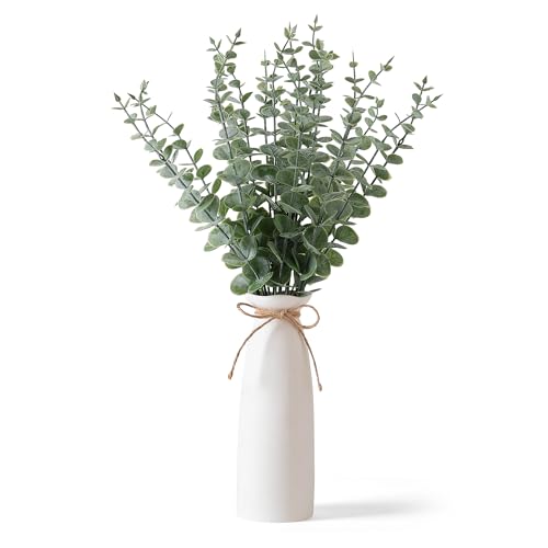 Vase with Greenery, 20pcs Artificial EucalyptusStems in White Vase, Boho Home Decor Plant, 19" Decorative Fake Plants for Home Farmhouse Mantle Centerpiece Decor - color: White