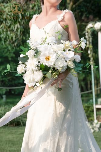 TINGE TIME 13 Inch Wedding Bouquets for Bride,Bridal Bouquet for Bride, Artificial Silk Flowers for Wedding Ceremony and Anniversary (IvoryWhite) - color: Ivorywhite