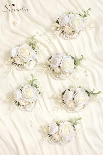 Serwalin 6 PCS White Wrist Corsage for Wedding, Corsages Wristlet for Bridesmaid Mother Grandmother Girl, Artificial Flowers for Prom Ceremony Homecoming Anniversary - color: A White, size: Corsage 6pcs