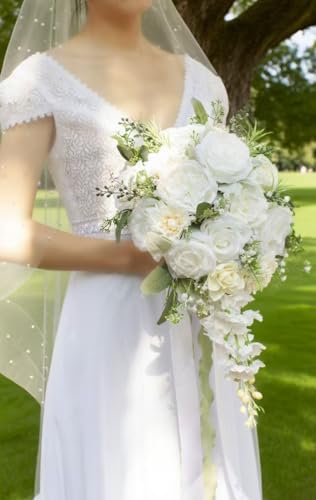 12 Inch Cascade Wedding Bouquets for Bride, Ivory & Champagne Cascading Bridal Bouquet for Wedding Silk Artificial Flowers - color: Ivory & Champagne