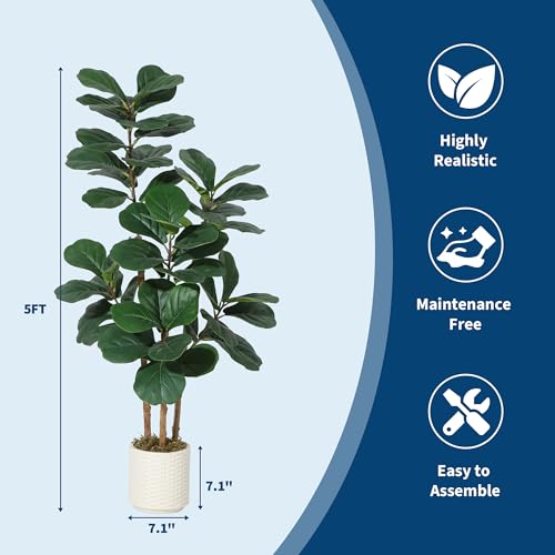 5FT Artificial Fiddle Leaf Fig Tree – Potted in Decorative White Planter, Natural Large Fake Plant for Home Décor, Indoor House Plant for Living Room, Bedroom, Office - color: Green 5ft