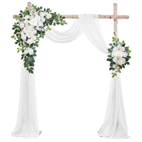 Odouzy Wedding Arch Flowers Kit,Artificial Flower Arch Decor (Set of 3),2pcs Artificial Flower Arrangement with 1pc Sheer Drape for Wedding Decor Reception Backdrop Floral Decorations (Ivory White) - color: Ivory White