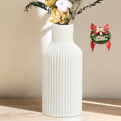 Pure White Ceramic Flower Vase for Christmas, Minimalist Modern Home Decor, Matte Finish Pampas Grass Vase for Table, Fireplace, Shelf, Mantel, Entryway and Centerpieces - color: Pure White, size: 8in