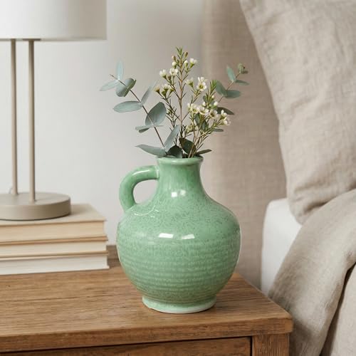 Sunddo Green Ceramic Vase for Centerpieces - 6 Inch Modern Decorative Vase with Handle, Small Pitcher Vases for Home Decor, Living Room Kitchen Bedroom Entryway Mantel Shelf Decor - color: Green - 6, size: 6 Inch