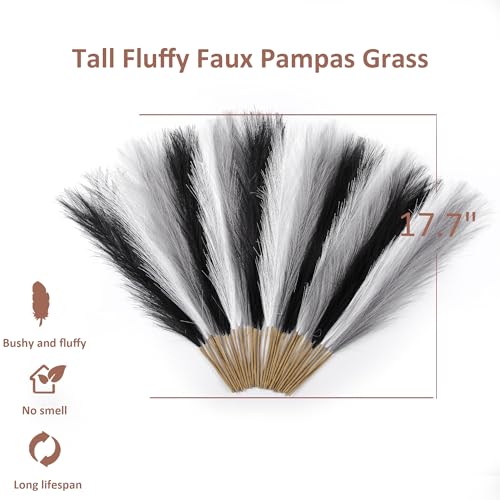 Black&White&Gray Pampas Grass Small, 30 Pcs 17" Faux Pampas Grass Short Decor, Pompas Grass Flower Arrangement and Vase Filler for Boho Home Wedding Decoration - color: Black&white&gray, size: 17'' Tall
