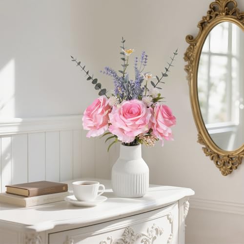 Artificial Flowers in Vase, Silk Roses Flowers Artificial Eucalyptus Lavenders Small Daisies and Fake Plants in White Ceramic Vase, Faux Flowers for Coffee Table Décor, Spring Decorations for Home - color: Blush