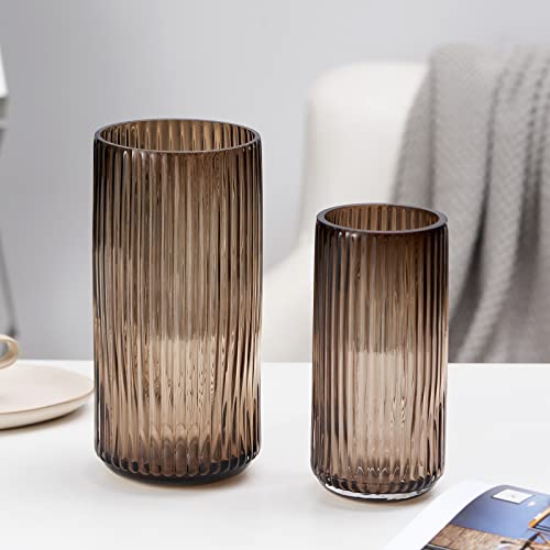 TIMEFOTO Flower Vase 10 inch Amber Thickened Hand Blow Glass Vase Round Vintage Striped Bottles for Bookshelf,Dinner Table,Indoor Office Desktop,Meeting Room,Bathroom,Home - color: Glass Amber, size: 10 inch