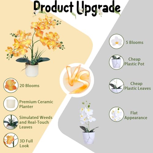 ucky Orange 15.7" 3D Lifelike Artificial Orchid Plant with 20 Heads, Realistic Faux Phalaenopsis in Ceramic Pot for Home Decor, Elegant Fake Flower Arrangement Table Centerpiece - color: Orange