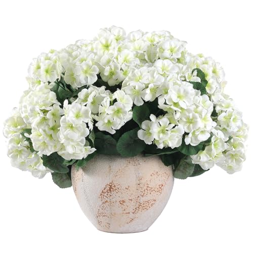 Hananona 12 Pcs Artificial Geranium Flowers for Outdoors Geranium White Silk Flowers Outdoor UV Resistant Garden Plants Faux Flowers for Home Kitchen Table Centerpieces Decor (12, White) - color: White