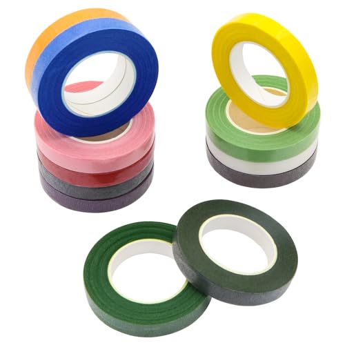 Boerni 12 Rolls Floral Tapes,Self-Adhesive Florist Stem Wrap for Corsages,Flower Arrangement and Crafts Making (12 Colors)