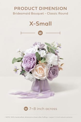 Ling's moment Light Purple Artificial Wedding Flower Bouquets for Bridesmaids White Floral Bouquet Lilac Bridal Bouquets for Bridesmaids with Ribbon Ceremony Anniversary,7-inch Diameter - color: Prpl-gold & Lilac