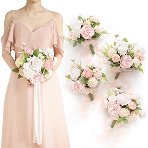 Ling's moment Artificial Bridesmaid Bouquets Set of 4,Pink Wedding Flower Bouquets Blush & Cream Floral Bouquet White Rose Bridal Bouquets with Ribbon,Ceremony,Anniversary,7-inch Diameter - color: Pk-blush & Cream