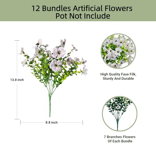 Artificial Flowers for Outdoors UV Resistant, 12 Bundles Realistic Faux Daisy with Eucalyptus Leaves Fake Plants for Porch Patio Planter Garden Decoration (White) - color: White