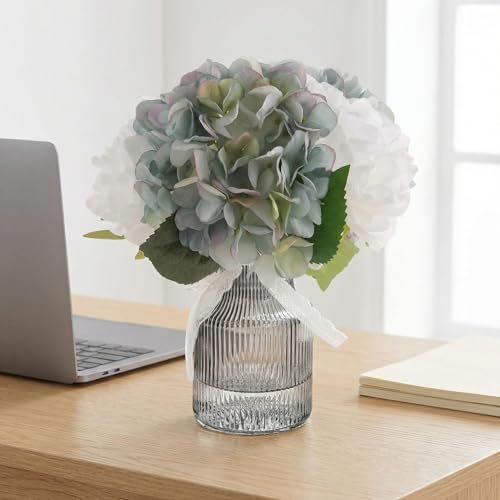 Fake Flowers in Vase,11" Small Full Silk Hydrangea Artificial Flowers Arrangment for Bathroom Bedroom Office Desk Decor White Faux Flower Decor (Blue in Black Vase) - color: Blue in Black Vase