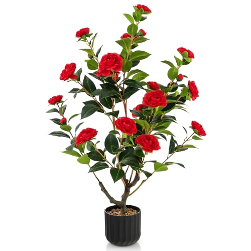 Goplus 38’’ Artificial Camellia Tree, Flower Plants Artificial Tree, Faux Floral Plant Blooming Tree in Cement Pot, Greenery Potted Plant for Indoor Outdoor Office Home Porch Decor - color: Red, size: 3ft 2in
