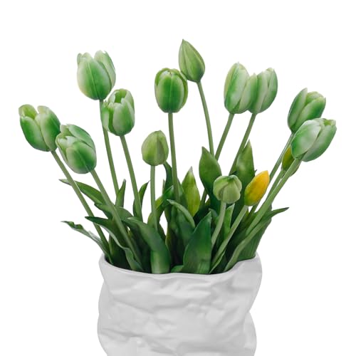 15 Pcs Green Artificial Tulips Fake Flowers, Premium Latex Lifelike Texture, UV Resistant Waterproof Faux Tulip Bouquets with Snap-on Petals for Outdoor, Home, Wedding Decor - color: Green
