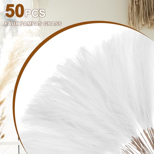 uxcell 50 Pcs Faux Pampas Grass 52cm/20.5" Artificial Fake Dried Pampas Grass Decor with Stem for Floor Vase Filler, Wedding Decoration, Home Decoration, White - color: White